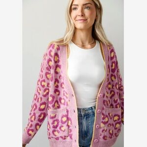 Hudson Gray Wool Blend Button Pink/Purple Cardigan with Yellow Leopard Size M